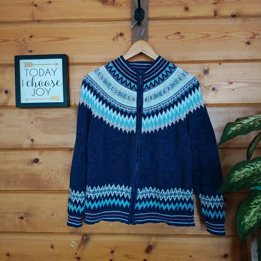 Tiara International Fair Isle Nordic Zip Front Cardigan Sweater Vintage Y2K Sz M